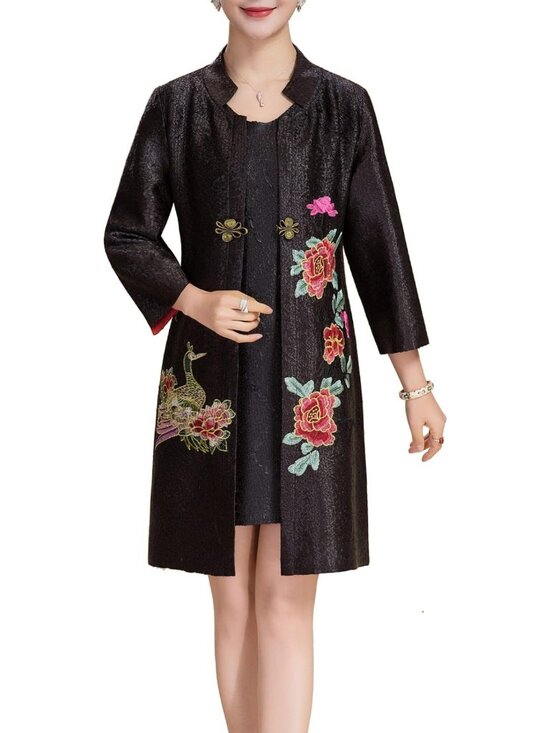 Jackets & Blazers - Stylish Women's Crinkled Mandarin Duck Floral Embroidery One Button Blazer